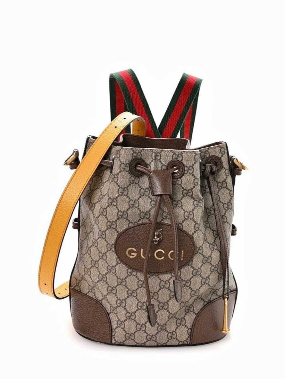 Gucci Neo Vintage GG Supreme Drawstring Bucket Backpack Brown & Green